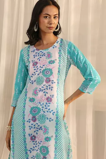 libas blue floral printed straight suit set with dupatta