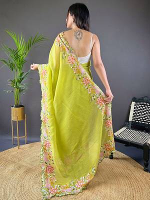 Lime ethnic motif embroidered tissue saree 2