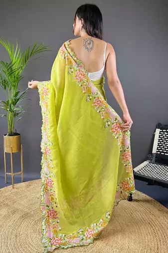 Lime ethnic motif embroidered tissue saree