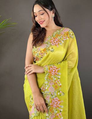 Lime ethnic motif embroidered tissue saree 3