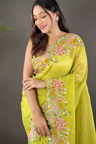Lime ethnic motif embroidered tissue saree