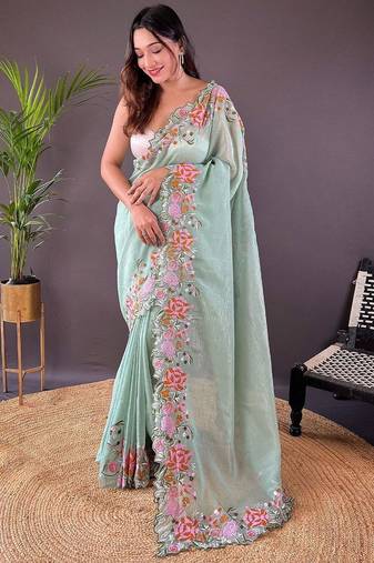 Green embroidered tissue saree