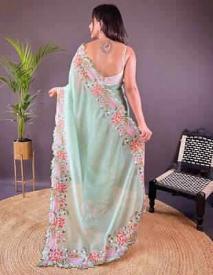 Green embroidered tissue saree 2