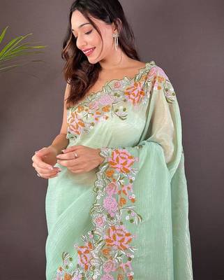 Green embroidered tissue saree 3