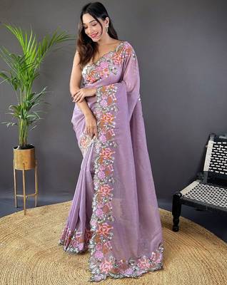 Lavender ethnic motif embroidered tissue saree 1