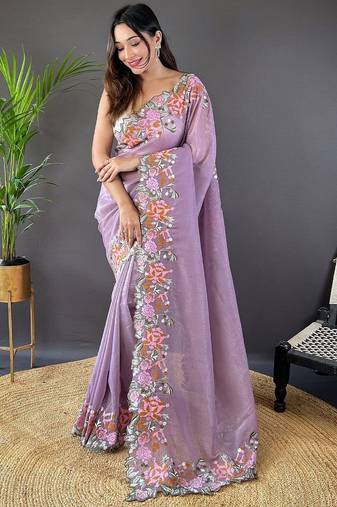 Lavender ethnic motif embroidered tissue saree