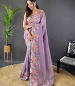 Lavender ethnic motif embroidered tissue saree