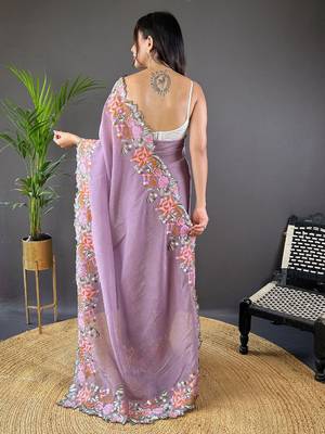 Lavender ethnic motif embroidered tissue saree 2