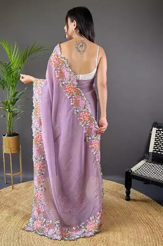 Lavender ethnic motif embroidered tissue saree