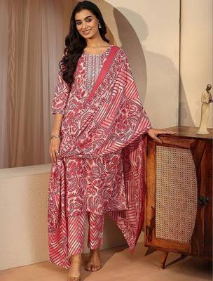 red paisley printed cotton straight suit set 1