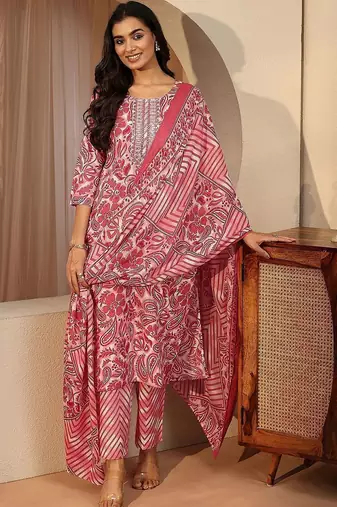 red paisley printed cotton straight suit set
