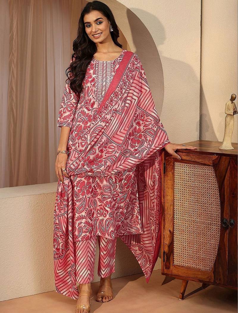 red paisley printed cotton straight suit set