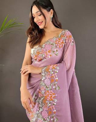 Lavender ethnic motif embroidered tissue saree 3