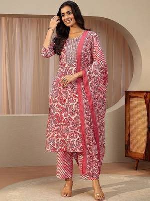 red paisley printed cotton straight suit set 6
