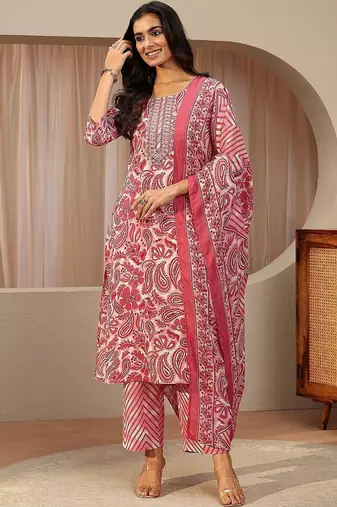 red paisley printed cotton straight suit set