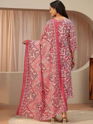 red paisley printed cotton straight suit set 7
