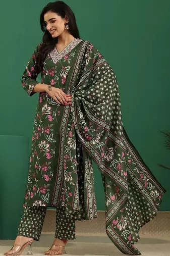 women floral printed regular thread work kurta with trousers & with dupatta