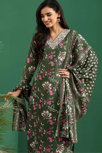 women floral printed regular thread work kurta with trousers & with dupatta