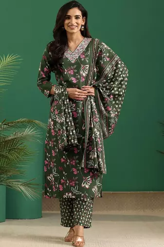 women floral printed regular thread work kurta with trousers & with dupatta