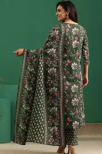 women floral printed regular thread work kurta with trousers & with dupatta