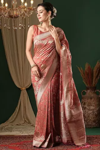 Peach ethnic motifs zari  georgette kanjeevaram saree