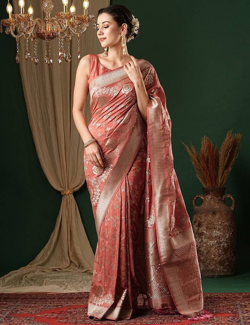 Peach ethnic motifs zari  georgette kanjeevaram saree