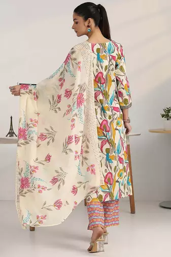 women floral printed regular thread work kurta with trousers & with dupatta