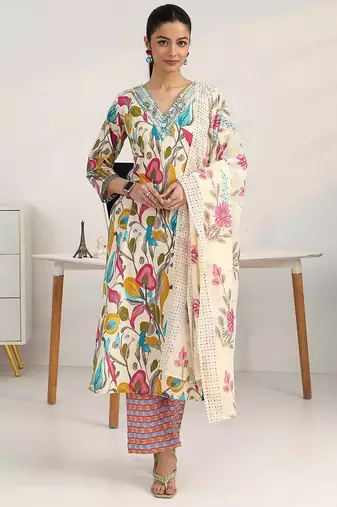 women floral printed regular thread work kurta with trousers & with dupatta