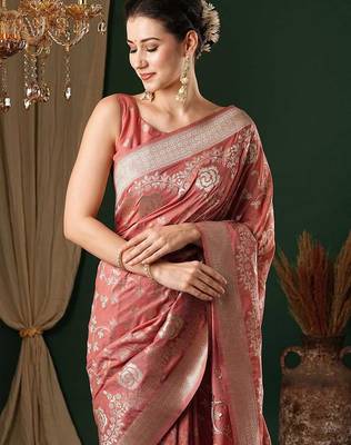Peach ethnic motifs zari  georgette kanjeevaram saree 4