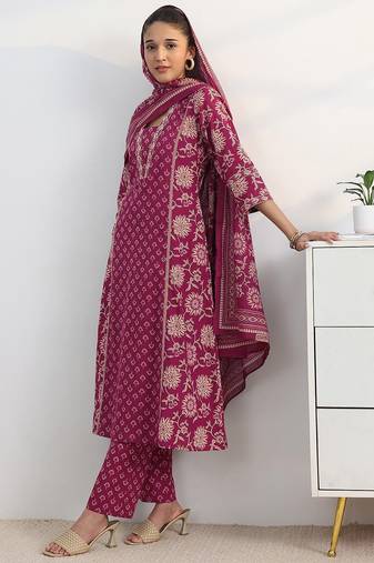 libas pink floral print a-line suit set with dupatta