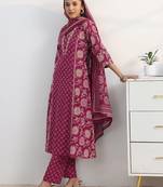 libas pink floral print a-line suit set with dupatta
