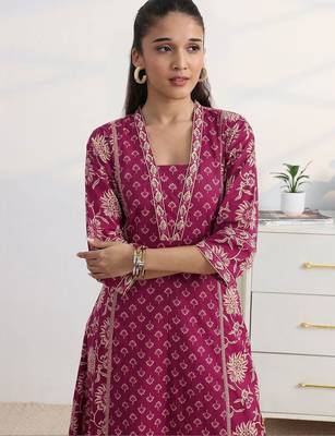 libas pink floral print a-line suit set with dupatta 2