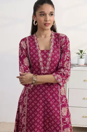 libas pink floral print a-line suit set with dupatta