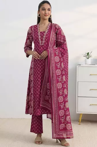 libas pink floral print a-line suit set with dupatta