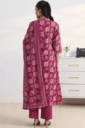 libas pink floral print a-line suit set with dupatta