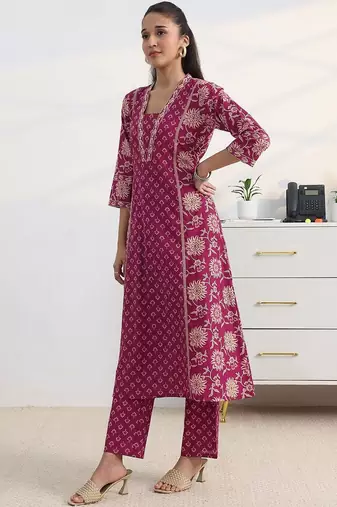 libas pink floral print a-line suit set with dupatta