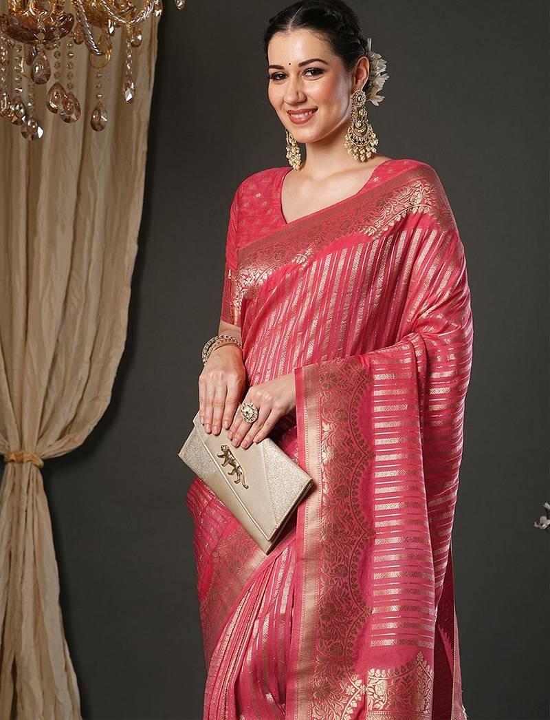 Pink woven design zari kanjeevaram saree