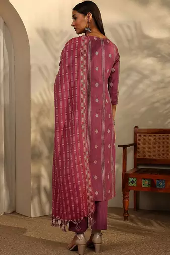 women ethnic motifs printed regular thread work kurta with trousers & with dupatta
