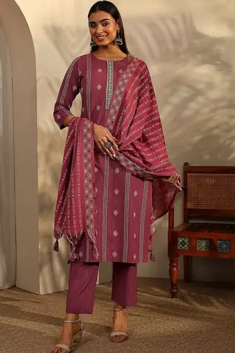 women ethnic motifs printed regular thread work kurta with trousers & with dupatta