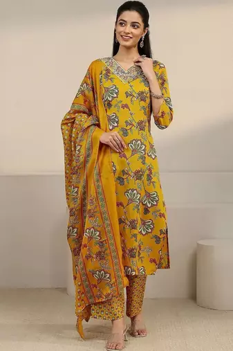 women floral printed regular thread work kurta with trousers & with dupatta