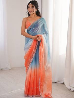 Multicolor ombre embroidered satin saree 1