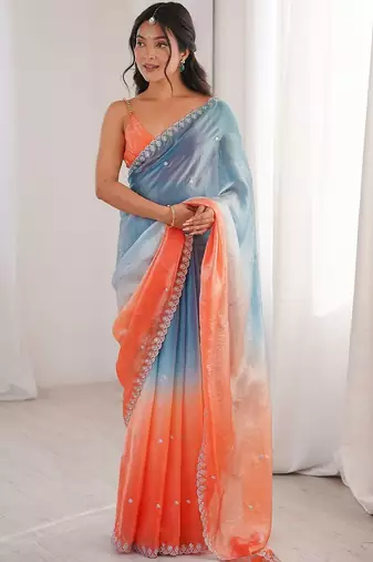 Multicolor ombre embroidered satin saree