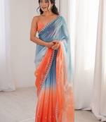 Multicolor ombre embroidered satin saree