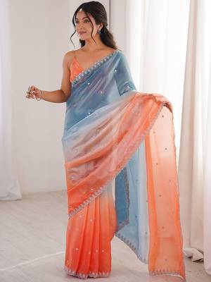 Multicolor ombre embroidered satin saree 2