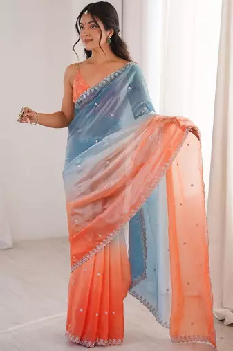 Multicolor ombre embroidered satin saree