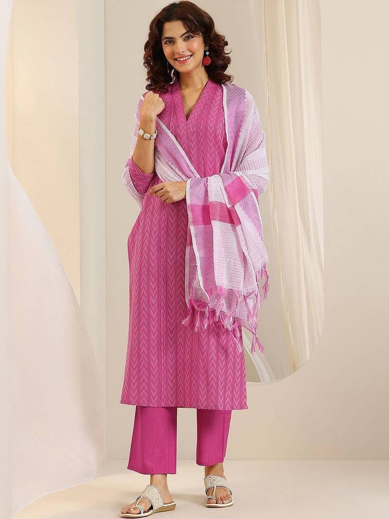 women ethnic motifs printed regular kurta with trousers & with dupatta
