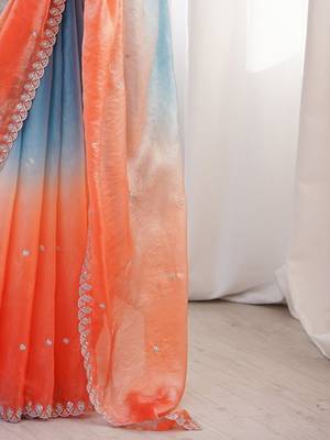 Multicolor ombre embroidered satin saree 5