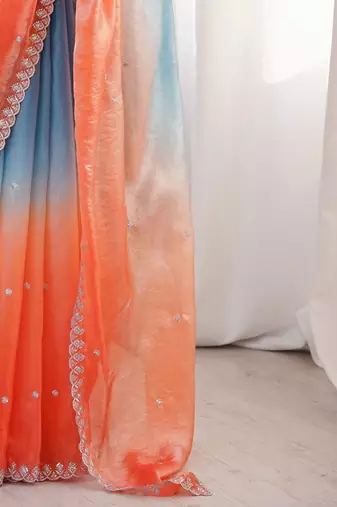 Multicolor ombre embroidered satin saree