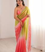 Multicolor embellished sequinned satin heavy work saree