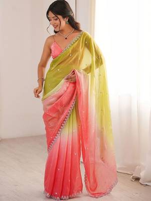 Multicolor embellished sequinned satin heavy work saree 3